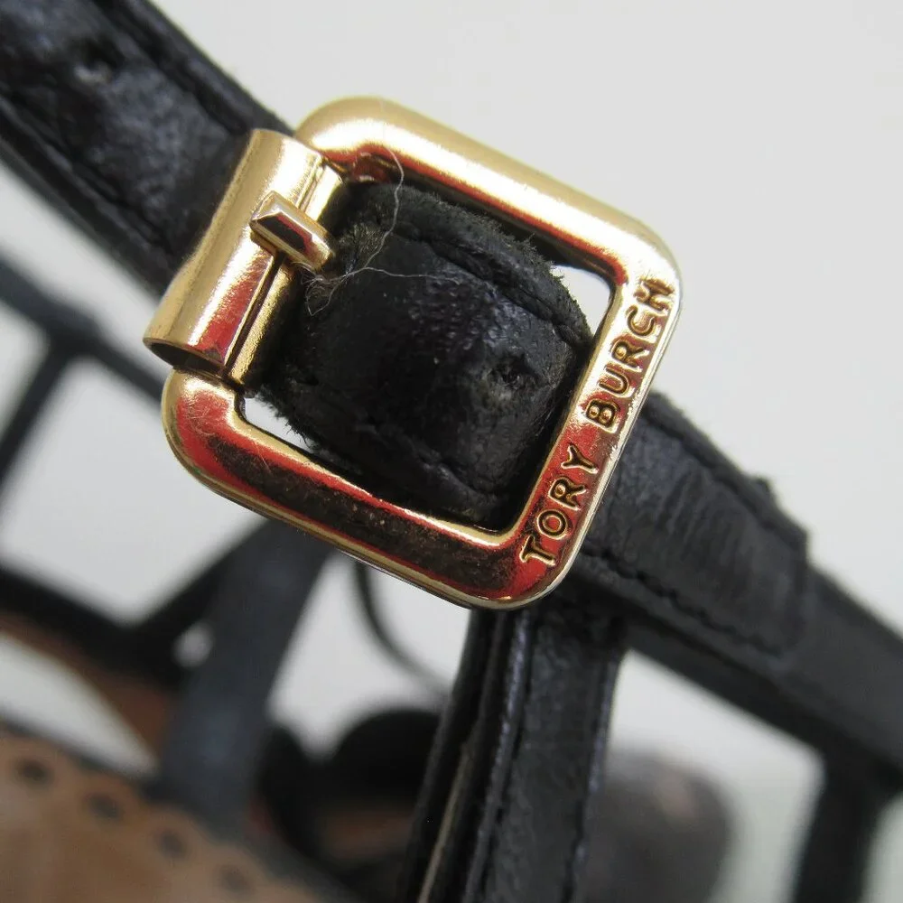 TORY BURCH, ALEXA Genuine Leather Peep Toe High Heel Sandal Black & Tan Sz. 6.5 - Picture 5 of 13